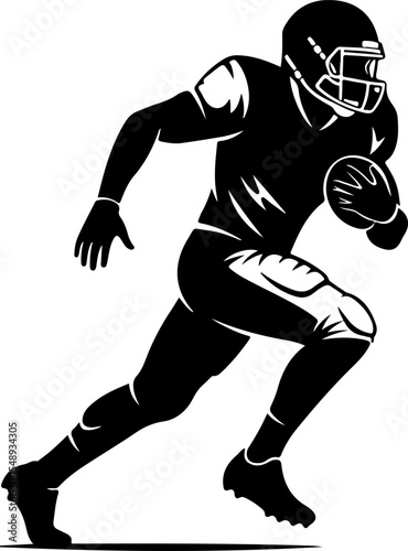 Silhouette of a football player in a dynamic running pose, holding the ball.