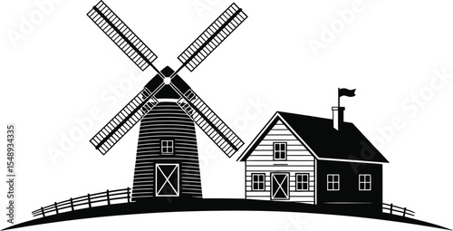 A black and white illustration of a windmill and a house on a small hill with a wooden fence line