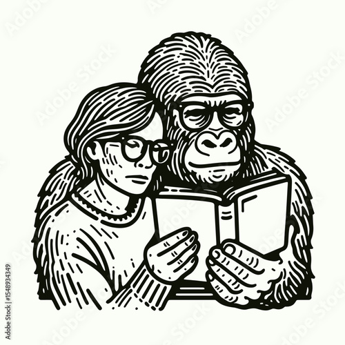 Gorilla couple wear glasses reading. Valentine Love Romance Cupid February Clipart Line Art Vector Illustration. Ape pair with spectacles peruse script wildlife duo study document.