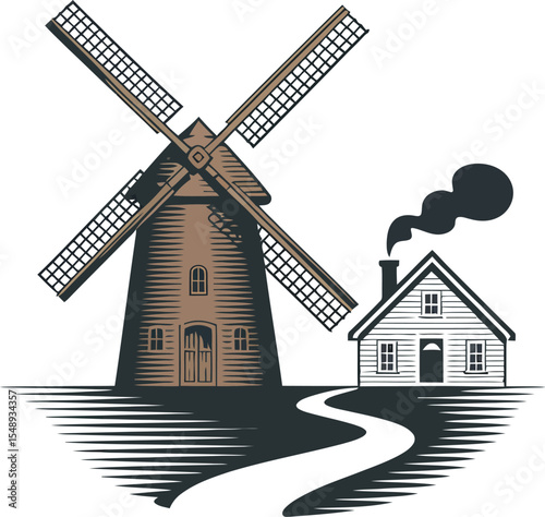 Illustration of a windmill and a house with smoke coming from the chimney on a light background