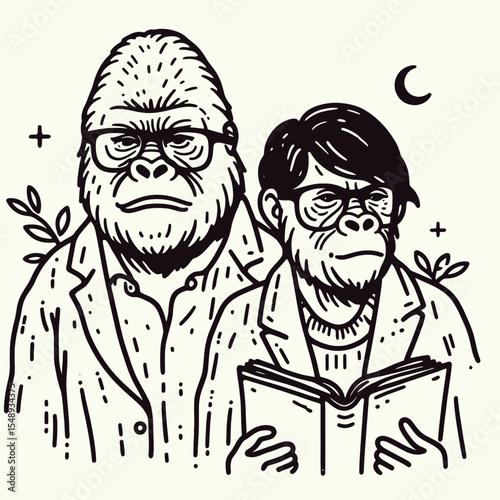 Gorilla couple wear glasses reading. Valentine Love Romance Cupid February Clipart Line Art Vector Illustration. Ape duo look at page with eyewear a primate pair view text material.