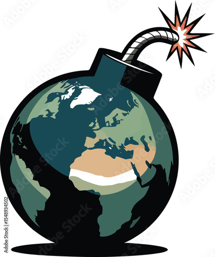 Illustration of a bomb shaped like earth with a lit fuse against a light beige colored background