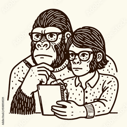 Gorilla couple wear glasses writing notebook. Valentine Love Romance Cupid February Clipart Line Art Vector Illustration. Ape pair in eyewear jotting journal primate duo with specs taking.