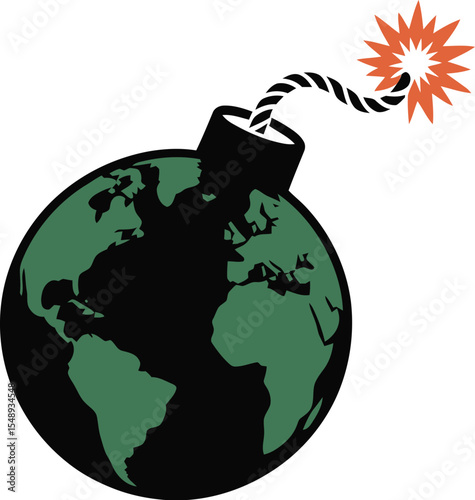 A cartoon earth depicted as a bomb with a lit fuse on a white background in a digital illustration