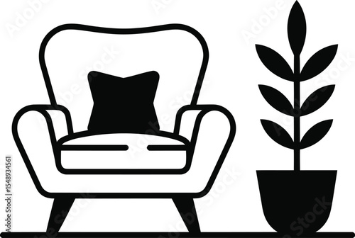 A simple black and white illustration of an armchair with a pillow and a potted plant next to it