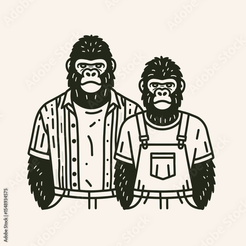 Gorilla couple Wearing matching outfits. Valentine Love Romance Cupid February Clipart Line Art Vector Illustration. Primate pair akin garb relation kinship chimpanzee theme ape similar.