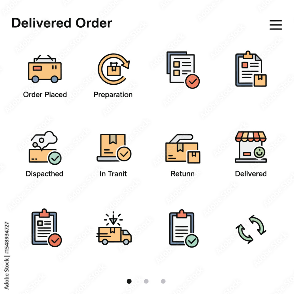 Twelve Colorful Icons Depicting Stages of an Order Delivery Process from Order Placement to Return Showing Delivery Truck Package Checkmarks and Shop Front