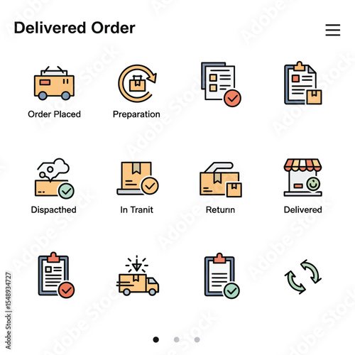 Twelve Colorful Icons Depicting Stages of an Order Delivery Process from Order Placement to Return Showing Delivery Truck Package Checkmarks and Shop Front