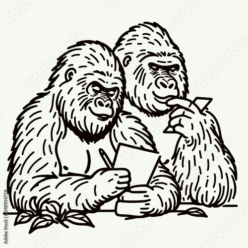 Gorilla couple Writing love letters. Valentine Romance Cupid February Clipart Line Art Vector Illustration. Ape pair penning affection notes wildlife concept about and emotion.