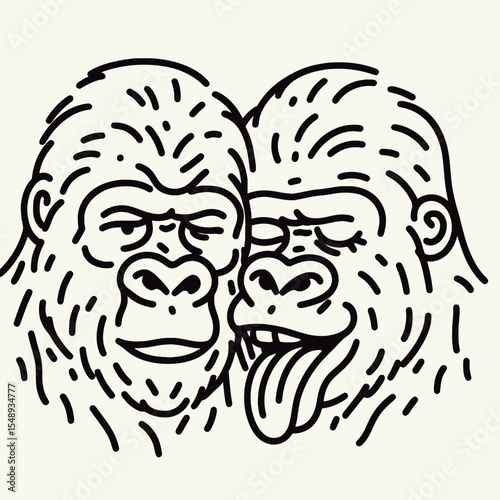 Gorilla couple Winking Face With Tongue. Valentine Love Romance Cupid February Clipart Line Art Vector Illustration. Ape duo playful grimace protruding tongue comical primate image.