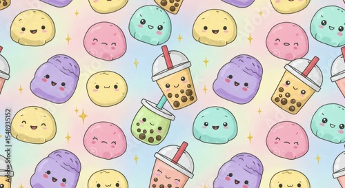 Kawaii Pastel Mochi Boba Tea and Ice Cream Seamless Pattern Cute Cartoon Food Design