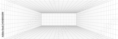 Grid background 3D room with line patterns and spatial wireframe design. Cube and box elements shape a black digital game space. Vector dimension with futuristic texture.