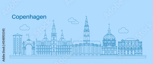 copenhagen denmark city skyline historic buildings outline illustration