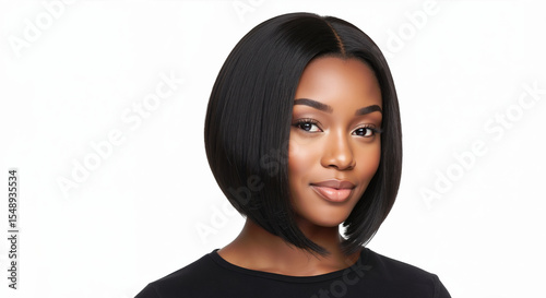 African American woman with sleek black bob haircut on white background. Professional hair straightening and styling demonstration for salon cutting services
