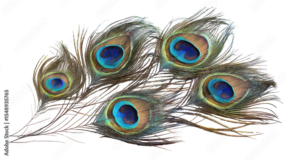 Obraz premium Photorealistic Peacock Feathers Displaying Blue Eyespots Isolated on Transparent Backdrop
