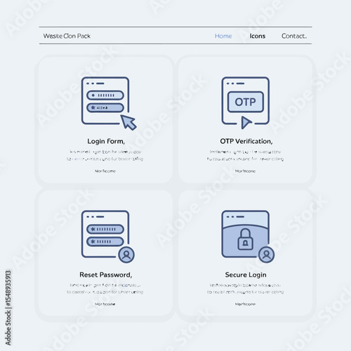 Website Icon Pack Featuring Login Form O T P Verification Reset Password and Secure Login Illustrations in Light Blue and White