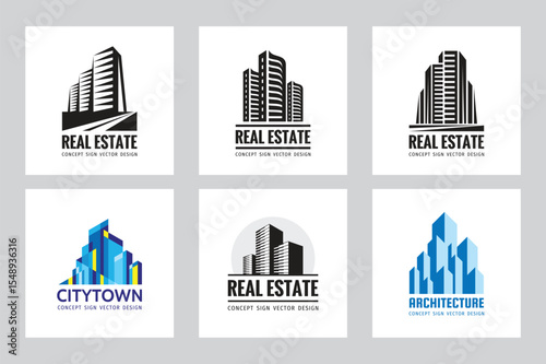 Real Estate - vector logo set concept design. Modern buildings icon sign collection. Creative illustration. Abstract city. 