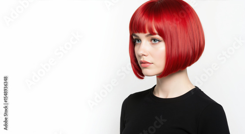 Wallpaper Mural Woman with bright red bob haircut and straight bangs on white background. Creative hair coloring demonstration for salon fantasy color services and bold styling transformations Torontodigital.ca