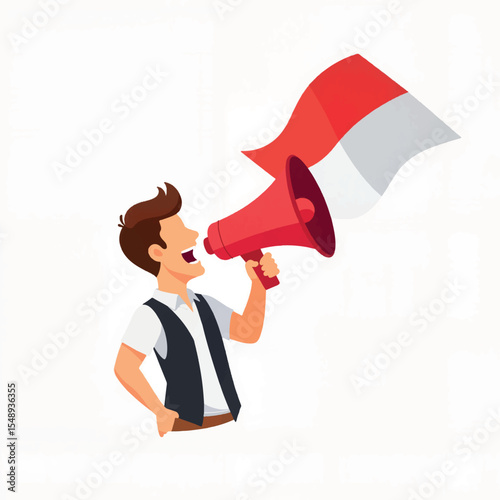 Man enthusiastically speaking into megaphone with flag, motivation