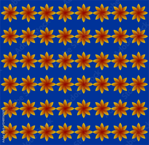 A vibrant pattern of radiant orange-gold flowers arranged in symmetrical horizontal rows against a bold royal blue background, evoking elegance, tradition, and festive harmony.