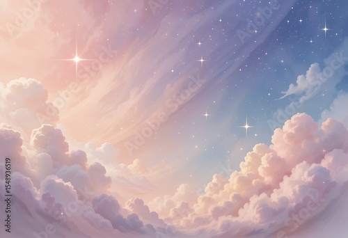 A stunning celestial sky with soft pastel clouds and twinkling stars illuminating the twilight atmosphere