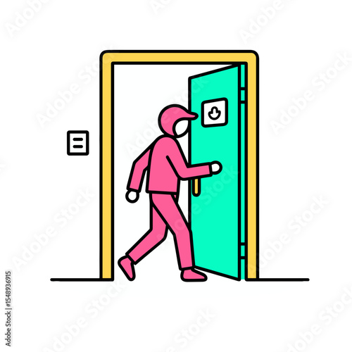 Person walking through a bright green door in modern style - Concept of Comic con - Gaming Culture Icons  