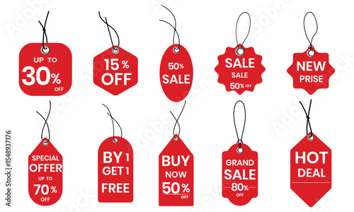 Red sale tags, price tags collection. Discount, offer price tag design vector illustration.