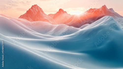 Sunset over snowy, textured mountains