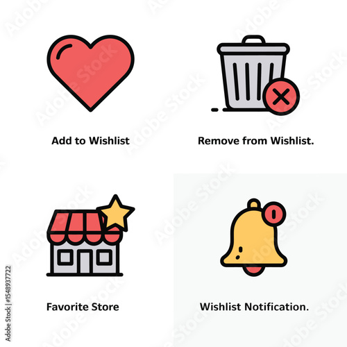 Wishlist Icon Set Red Heart Add Remove Favorite Store Notification Bell Yellow Gold Gray Trash Can Outline Style