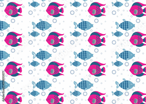seamless pattern of fishes and bubbles