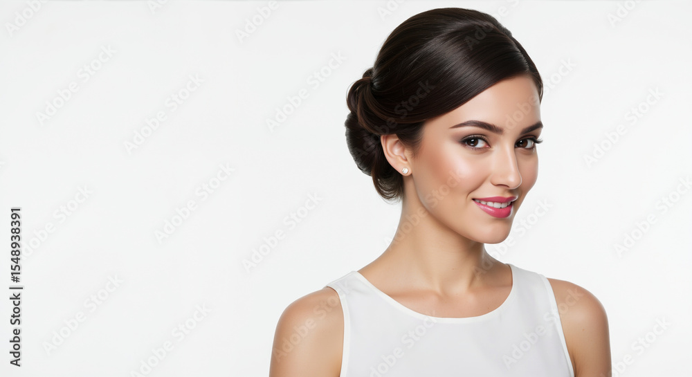 Woman with sleek low chignon bun profile view on white background. Classic updo styling demonstration for salon formal and bridal hair arrangement services Woman with sleek low chignon bun profile view on white background. Classic updo styling demonstration for salon formal and bridal hair arrangement services