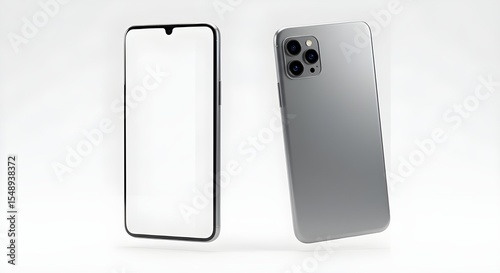 Two elegant gray smartphones elegantly hover against a minimalist white backdrop showcasing their design and functionality.  Perfect for technology and mobile phone advertisements.