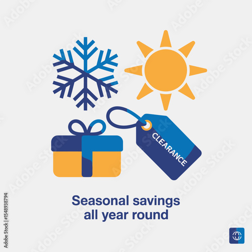 Yellow Gift Box Blue Ribbon Snowflake Sun Clearance Tag Seasonal Savings Year Round Illustration
