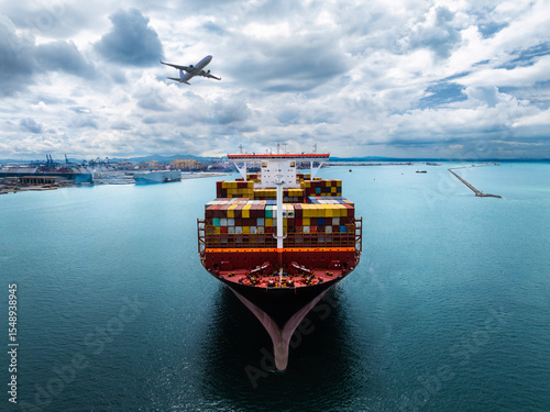 plane logistic and cargo container ship sailing in sea  import export goods and distributing products to dealer and consumers across worldwide, by container ship industry