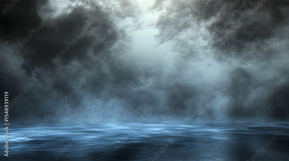 Dramatic dark stormy sky background with fog over water, perfect for atmospheric designs Dramatic dark stormy sky background with fog over water, perfect for atmospheric designs