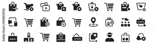 Collection of various black and white e commerce and shopping related icons in a grid format