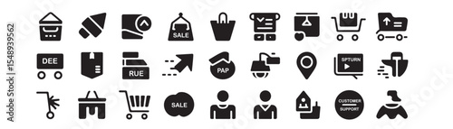 Collection of black e commerce icons representing online shopping and delivery services on white background