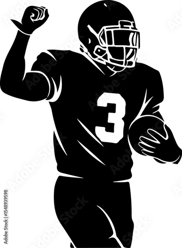 A dynamic black and white illustration of a football player in a celebratory pose, holding the ball and raising his arms in triumph.