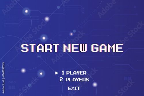 Start new game with player selection or exit. Modern trendy game background with lighting effect. Circuit background.