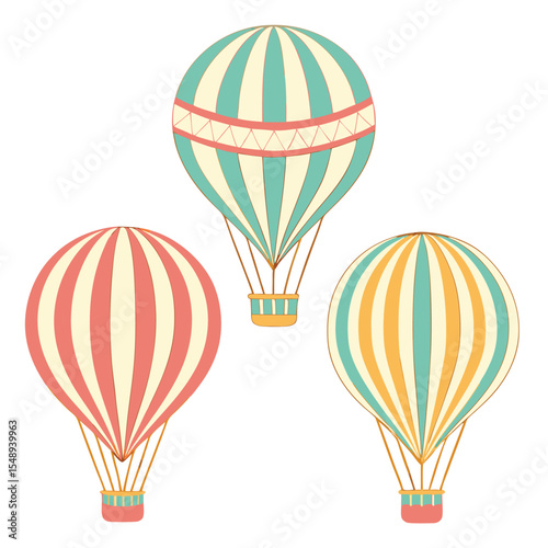 Collection of Three Vintage-Style Hot Air Balloons in Pastel Colors

