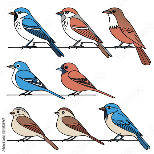 Colorful Assortment of Songbirds Perched on Branches in Various Hues


