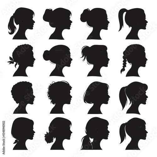 Extensive Collection of Female and Girl Head Silhouettes with Various Hairstyles

