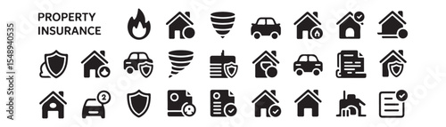 Property Insurance glyph icon set. Vector pictograms of fire, disaster, tornado, car, automobile, travel, accident, disability, document, agent, black sign silhouette illustration.