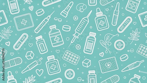 Teal Background Vector Illustration Medical Seamless Pattern White Line Art