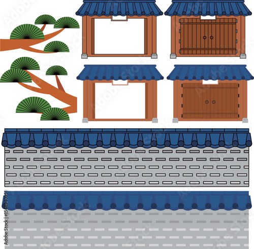 Korean Hanok and Pine Tree Landscape Holiday Vector Illustration