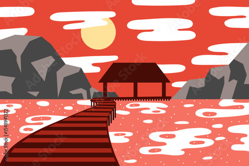 Abstract background with view of wooden pier. Vector illustration in flat style