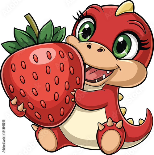 Dinosaur Eating Strawberry Vector, Dinosaur Vector illustration, cartoon fruit,  Strawberry Vector illustration, 