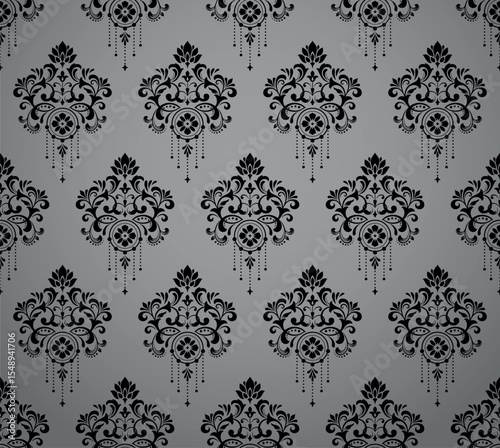 Wallpaper in the style of Baroque. Gray and black floral ornament. Seamless vector background. Graphic pattern for fabric, wallpaper, packaging. Ornate Damask flower illustration