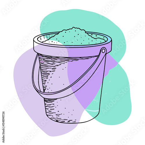 This image is an artistic line drawing of a sand bucket with abstract color splashes, perfect for blogs about summer, beach activities, children's play, or travel.

