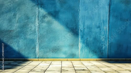 Teal textured wall with light and shadow cast on a tiled floor
